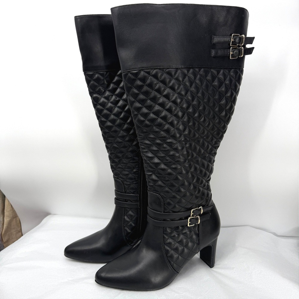 Fashion to Figure Tall Boots Quilted Buckle Heeled Wide Top Dressy Chic Size 9W
